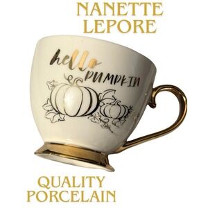Nanette Lepore Hello Pumpkin Porcelain Coffee Mug Gold Handle Fall Pumpkin